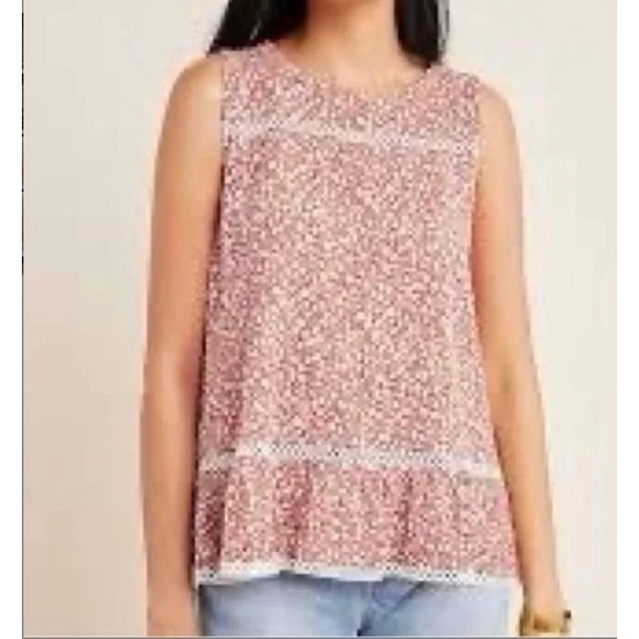 Maeve Quinn Top Red & White Floral Crochet Trim Ruffled Hem Layer Openback XS - Picture 2 of 14